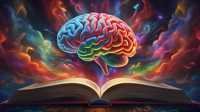 Human brain floating above an open book with vibrant colorful energy clouds in this dynamic digital motion video animation clip