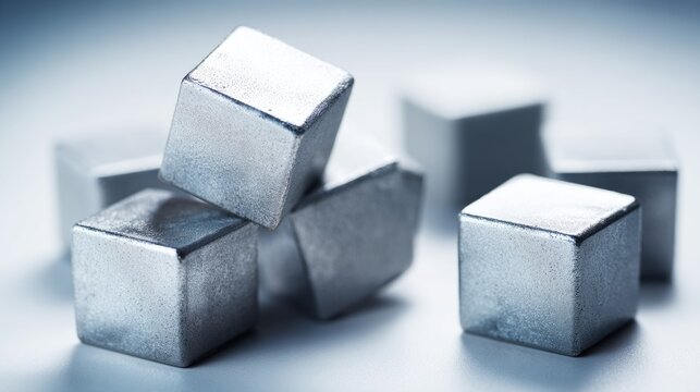 ferromagnetic. A solid cube formed by powerful silver-gray magnets on a plain background. STEM education sheets, lab safety posters, designed for biotech research communications.
