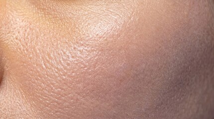 Fototapeta premium Macro close up of cheek skin with prominent pores and subtle shine showing textured surface and natural complexion for dermatology and skincare study