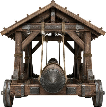 Medieval wooden siege ram weapon isolated on transparent background