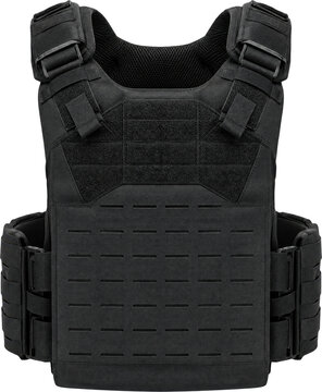 Black tactical body armor vest isolated on transparent background