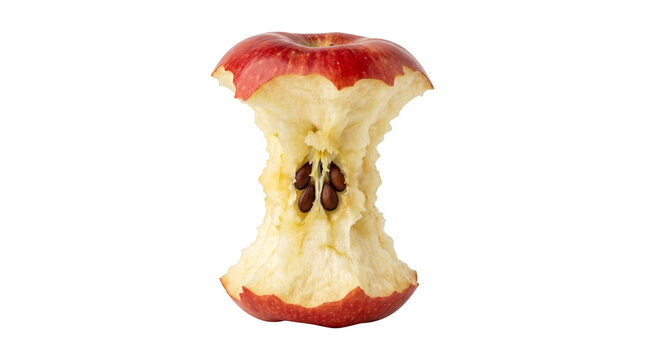Red apple core with visible seeds isolated on transparent background for food waste and compost concept.