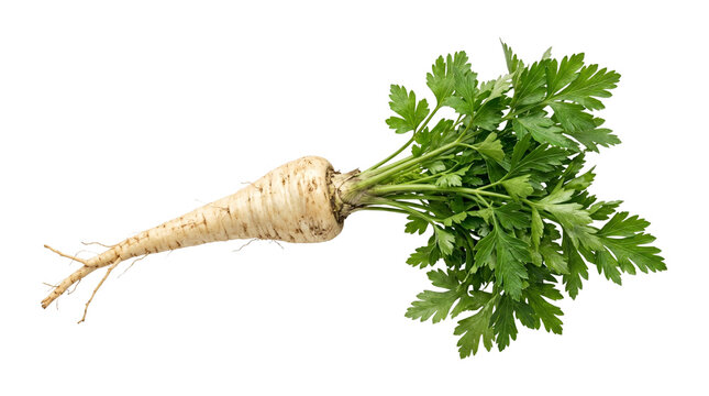 Single parsnip root vegetable with green leaves healthy organic food ingredient.