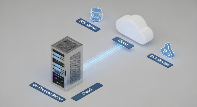On premise server sql server blob storage and cloud connections in a 3d illustration