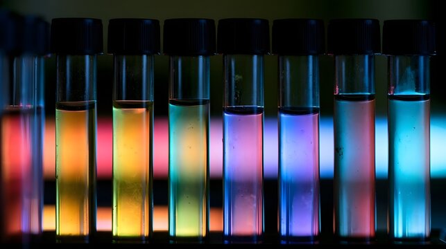 A close up view of a meticulous row of glowing test tubes highlighting natural textures and vibrant colors under fluorescent lighting