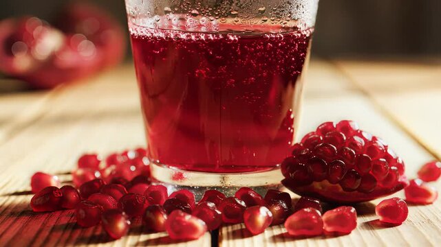 Refreshing red fruit juice poured into glass surrounded by seeds and fruit on wooden table