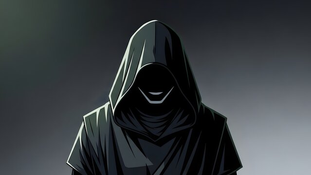 Mysterious Shadowy Figure in a Dark Hooded Cloak Cinematic Digital Illustration of a Hidden Face