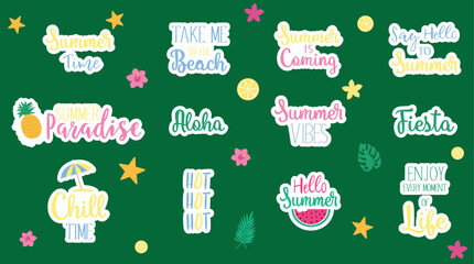 Colorful summer quote sticker set with tropical phrases, beach vacation lettering, aloha, fiesta, paradise, flowers, fruits and holiday decorations for travel, party, scrapbook and seasonal design. © Lena Palamarchuk