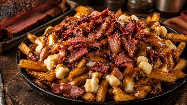 French canadian poutine with montreal smoked meat