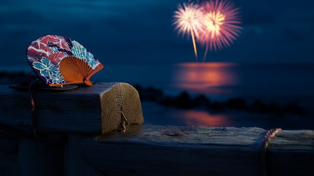 yukata. Folded fan and yukata sleeve on doorstep with fireworks over Sumida River, Tokyo summer celebration. event programs, museum guides, designed for cultural heritage projects and event programs.
