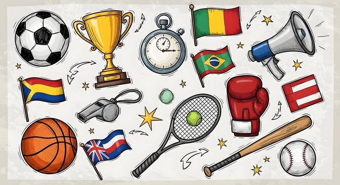 Hand-drawn sketch illustration of sports equipment and international flags