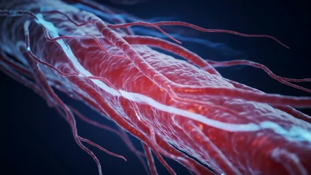 Close-Up View of Vibrant Blue And Red Human Nerve Bundle With Electrical Impulses Traveling Along Neural Pathways in 4K CGI Animation