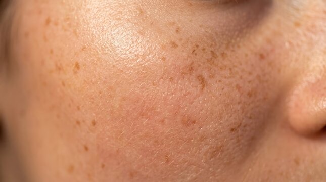 Close up view of freckled cheek and facial skin texture showing pores and pigmentation in clinical portrait, neutral lighting, detailed dermatology concept for skin care