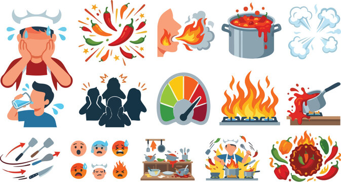 A collection of illustrations related to spicy food, including a sweating man, red chilies, a burning mouth