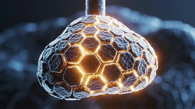 Conceptual CGI Animation Of The Adrenal Gland Featuring Glowing Hexagonal Surface Textures Set Against A Dark Background For Scientific Representation