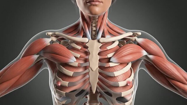Comprehensive Anatomical Animation Of The Full Upper Torso Showing The Musculoskeletal Structures And Muscles Against A Neutral Background For Educational Purposes