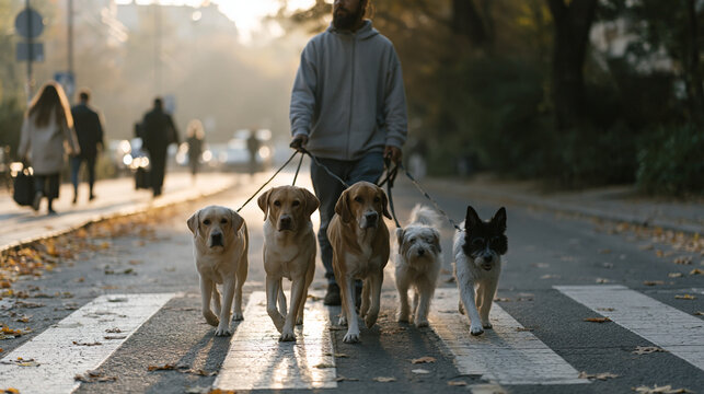 Professional dog walker manages leash cluster of five dogs across urban crosswalk in early morning mist while autumn leaves drift onto sidewalk and commuters pass in background