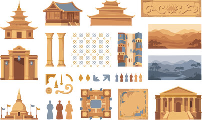 Collection of ancient Asian architecture, ruins, landscapes, and cultural designs for historical themes © MDMUKTADIR