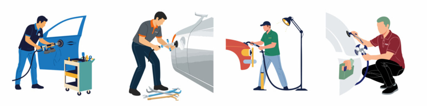 Set of illustrations showing technicians performing professional paintless dent repair on various vehicle body panels using specialized tools and equipment.