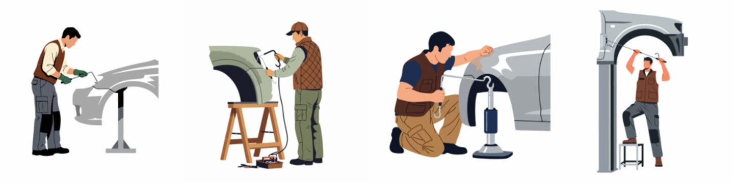 Flat vector illustrations of mechanics performing paintless dent removal on car fenders using specialized PDR tools in a body shop setting.