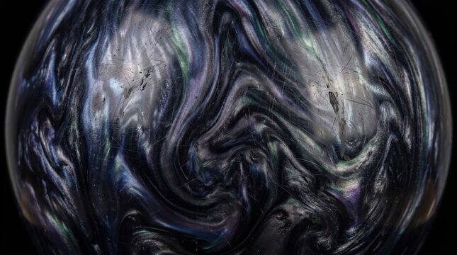 Glossy dark swirling sphere with iridescent marble like textures and reflective metallic sheen resembling abstract planet or orb against black background in moody space style
