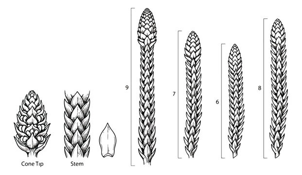Vintage botanical illustration of clubmoss anatomy, detailed scientific diagram of cone tip and stem structures, antique black and white plant vector