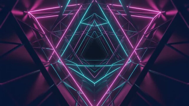 Seamless Loop of Futuristic Geometric Background with Glowing Wireframe Triangles and Neon Lights, Cinematic Abstract Motion Graphics