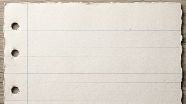 Torn edge lined notebook paper with three punched holes on wooden surface showing blue ruling and rough textured margins for stationery concept