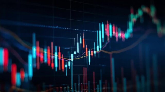 Capturing the dynamic movement of stock market trends, this video showcases vibrant charts with colorful candlestick patterns, ideal for illustrating financial data analysis tools.