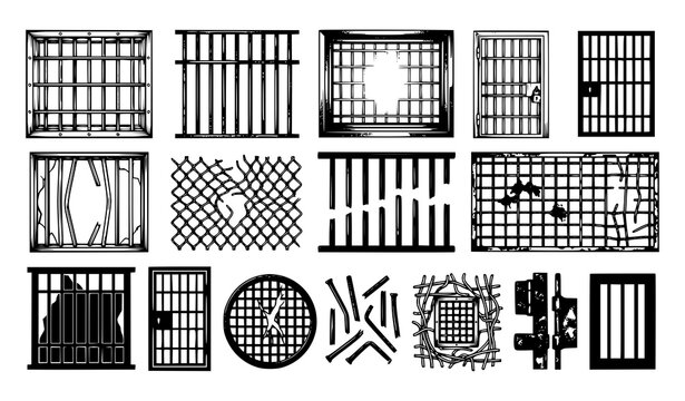 Prison Window and Broken Metal Bars Vector Set with Security Lattice Illustrations