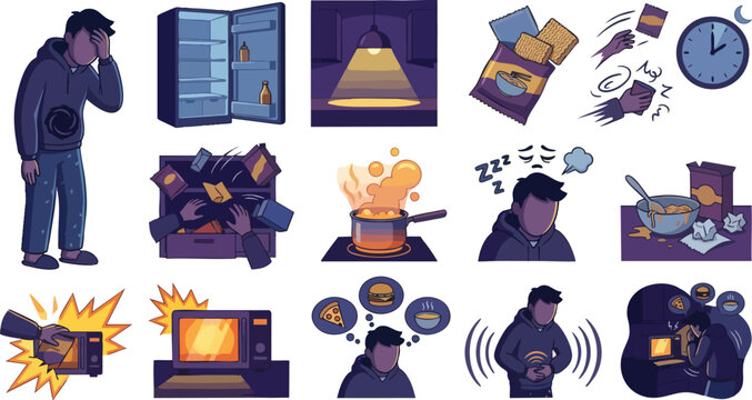 Illustration of sad person suffering from insomnia overeating late night hunger unhealthy lifestyle stress fatigue habits