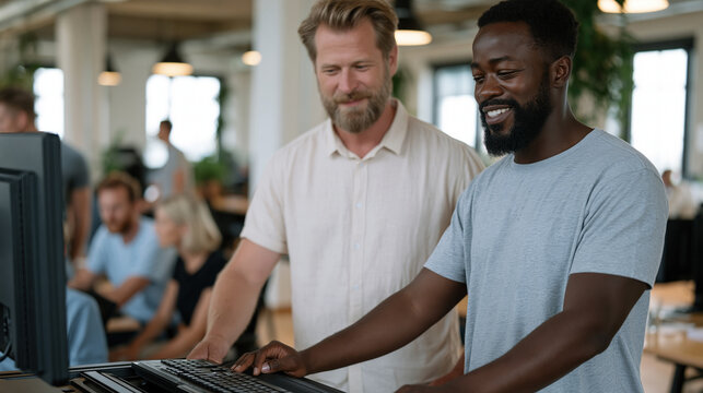 Ergonomics coach adjusting a standing desk for an employee who looks visibly relieved, workplace wellness program implementation shown candidly in an open office environment,