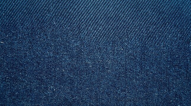 Dark indigo denim fabric closeup showing worn twill weave and linty fiber texture on blue jeans surface, macro detail of rugged clothing material