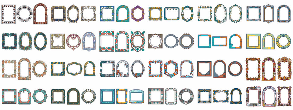 Collection of diverse decorative picture frames in various geometric styles and shapes