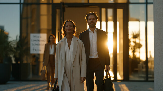 Four day work week pilot program launch captured as employees stream out of an office building on a Thursday afternoon carrying bags and looking visibly lighter, a handwritten