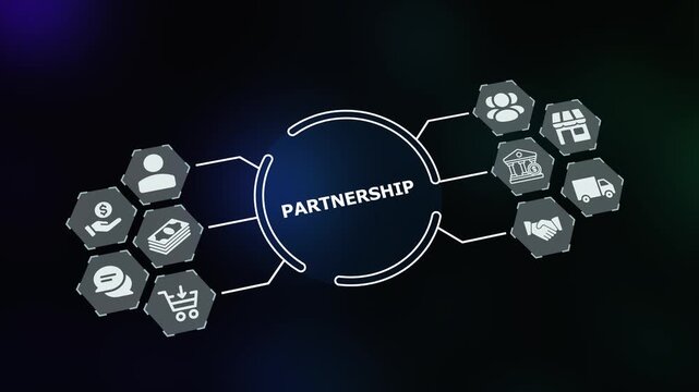 Strategic business partnership network layout focusing on teamwork, connection, and collaboration icons.