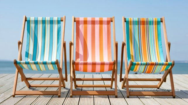 Three colorful striped deck chairs waiting for summer vacation