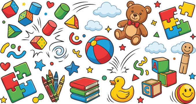 Playful children toys collection teddy bear wooden blocks ball books crayons puzzle pieces colorful nursery preschool objects