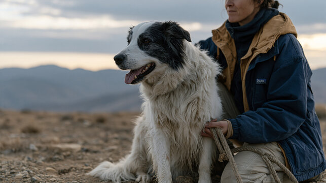 Dog behavior consultant works outdoors with frustrated owner holding reactive border collie on long line in overcast dramatic sky setting as body language assessment and counter