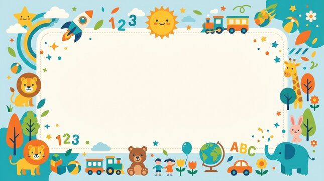 Kids Education Border Background with Cute Animals Toys and Large Copy Space