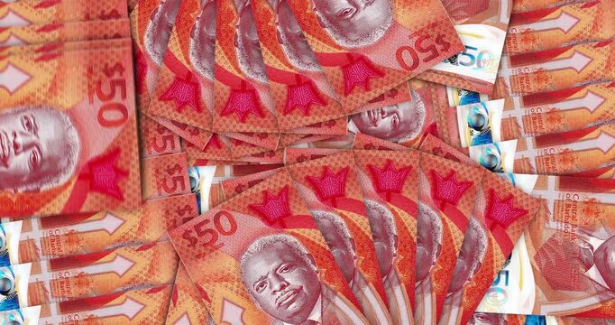 Barbados Dollar barbadian money banknotes in a cash fan mosaic pattern loop. 50 BBD notes. Abstract concept of bank, finance, economy seamless and looped design background.