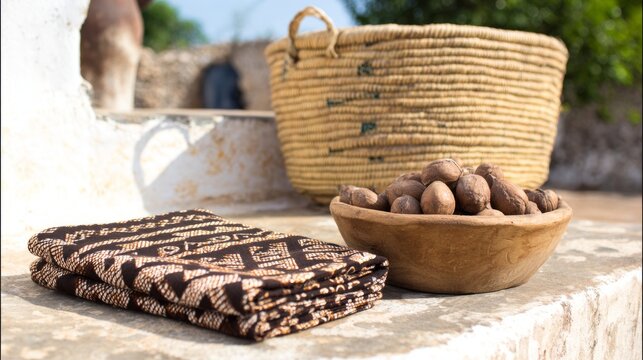 shea. Mud cloth fabric with shea nuts and woven basket, West African craft and natural decor. event programs, museum guides, designed for cultural heritage projects and event programs.

