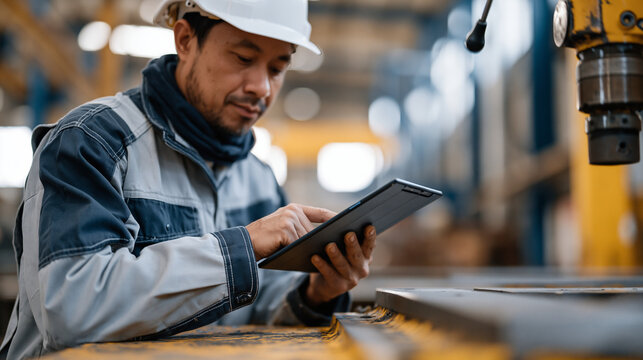 Safety compliance officer photographing machine guarding deficiency in heavy fabrication shop before and after concept corrective action documentation occupational health