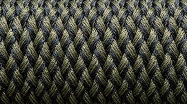 Macro of tightly woven synthetic rope with uniform braided strands in olive green, high-contrast texture and diagonal repeating geometry; industrial cordage detail and surface study