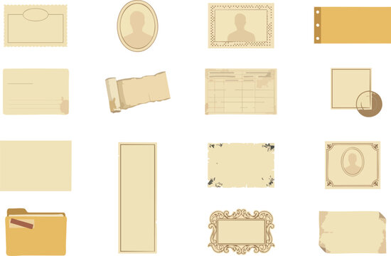 Vintage paper collection with various frames and document elements including old folders and scrolled parchment paper sets