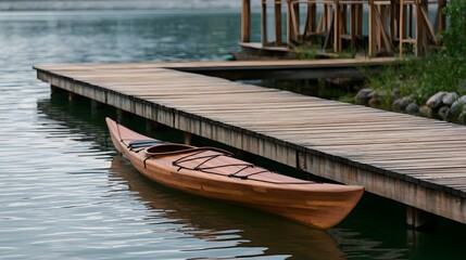 Obraz premium A serene urban kayak is gracefully docked at a rustic wooden pier capturing a moment of harmony and tranquility on the water