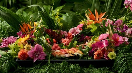 Naklejka premium An ic display of colorful sushi is beautifully framed by lush greenery and vibrant floral blooms