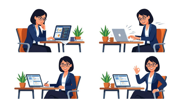 Businesswoman Working on Laptop Vector Set with Thinking and OK Gesture Poses