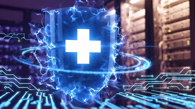 Abstract shield with a medical cross, representing healthcare security, data protection, and digital health on a server background