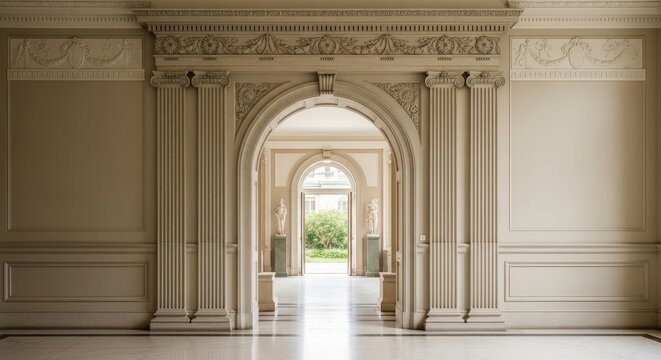 A grand, arched corridor leads into a dimly lit interior. The corridor features ornate, pale beige columns and pilasters, adorned with classical architectural details.